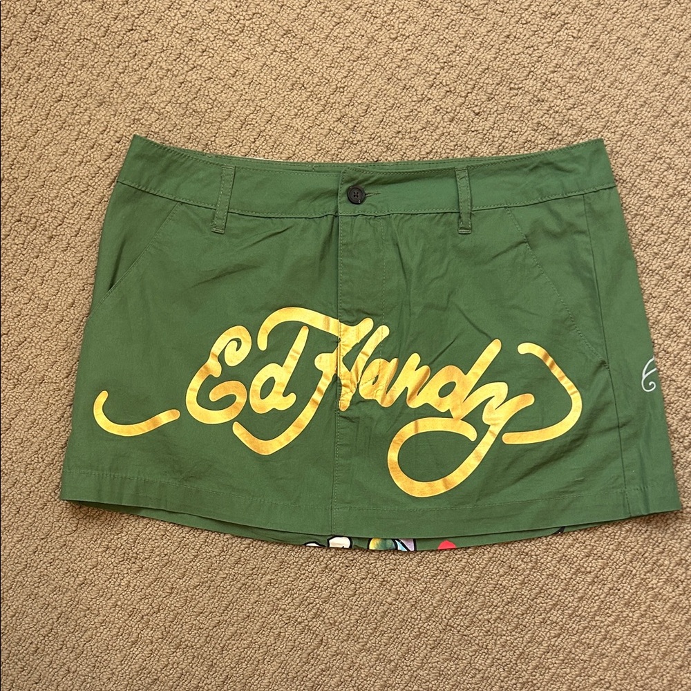 Ed Hardy Olive Green Mini Skirt with Yellow Script Logo